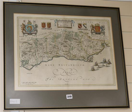 Blaeu, coloured engraving, map of Suthsexia Vernaculae Sussex, 38 x 52cm